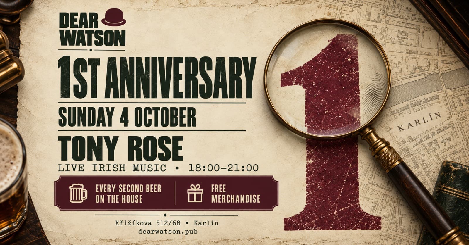 Dear Watson first anniversary poster with a brass magnifying glass and a burgundy number one