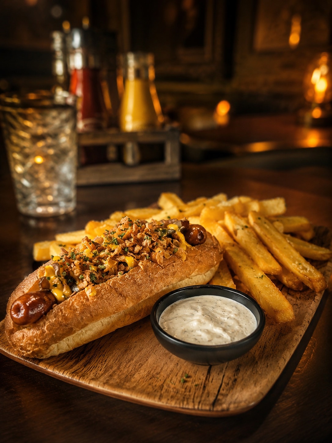 Hot dog Dear Watson s hranolky servírovaný na dřevěném prkénku.