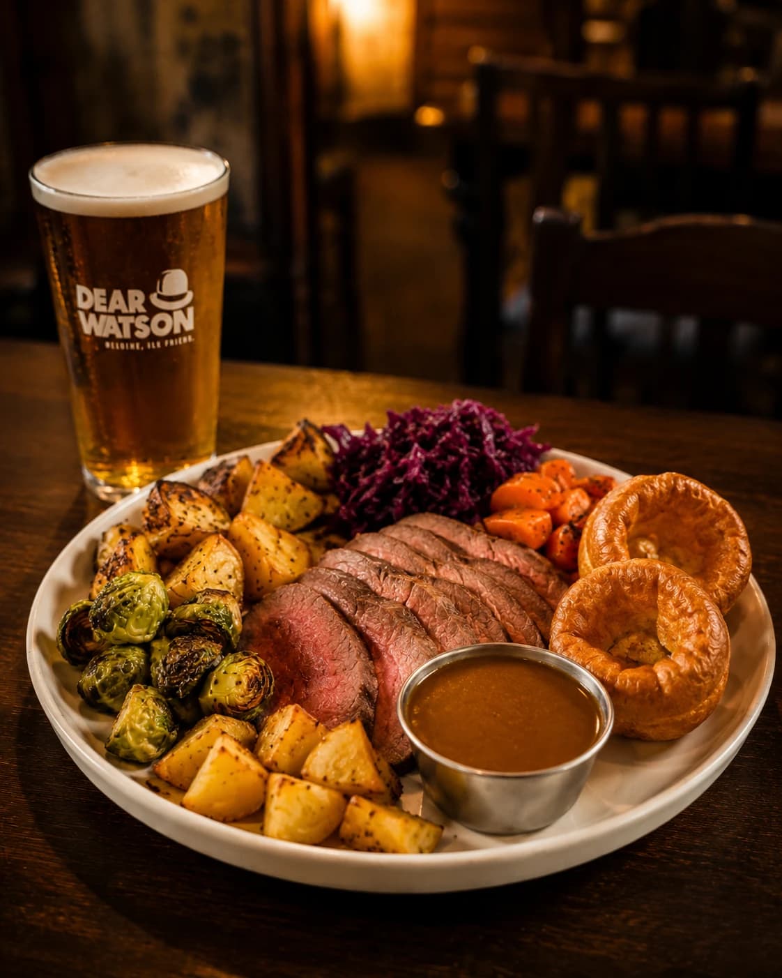 Sunday Roast served on a wooden pub table with a pint